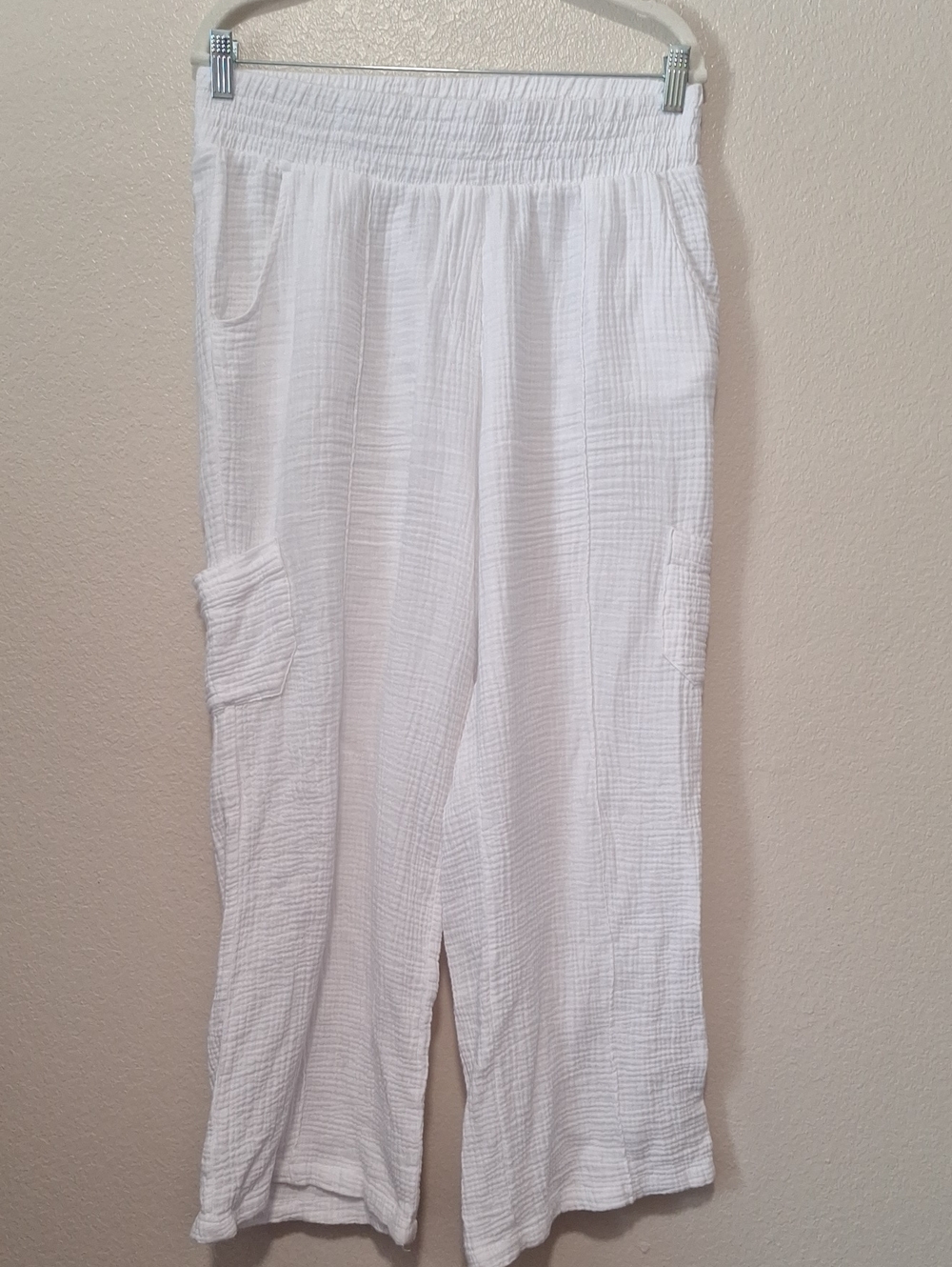 White Gauze Wide-Leg Cargo Pants, Large